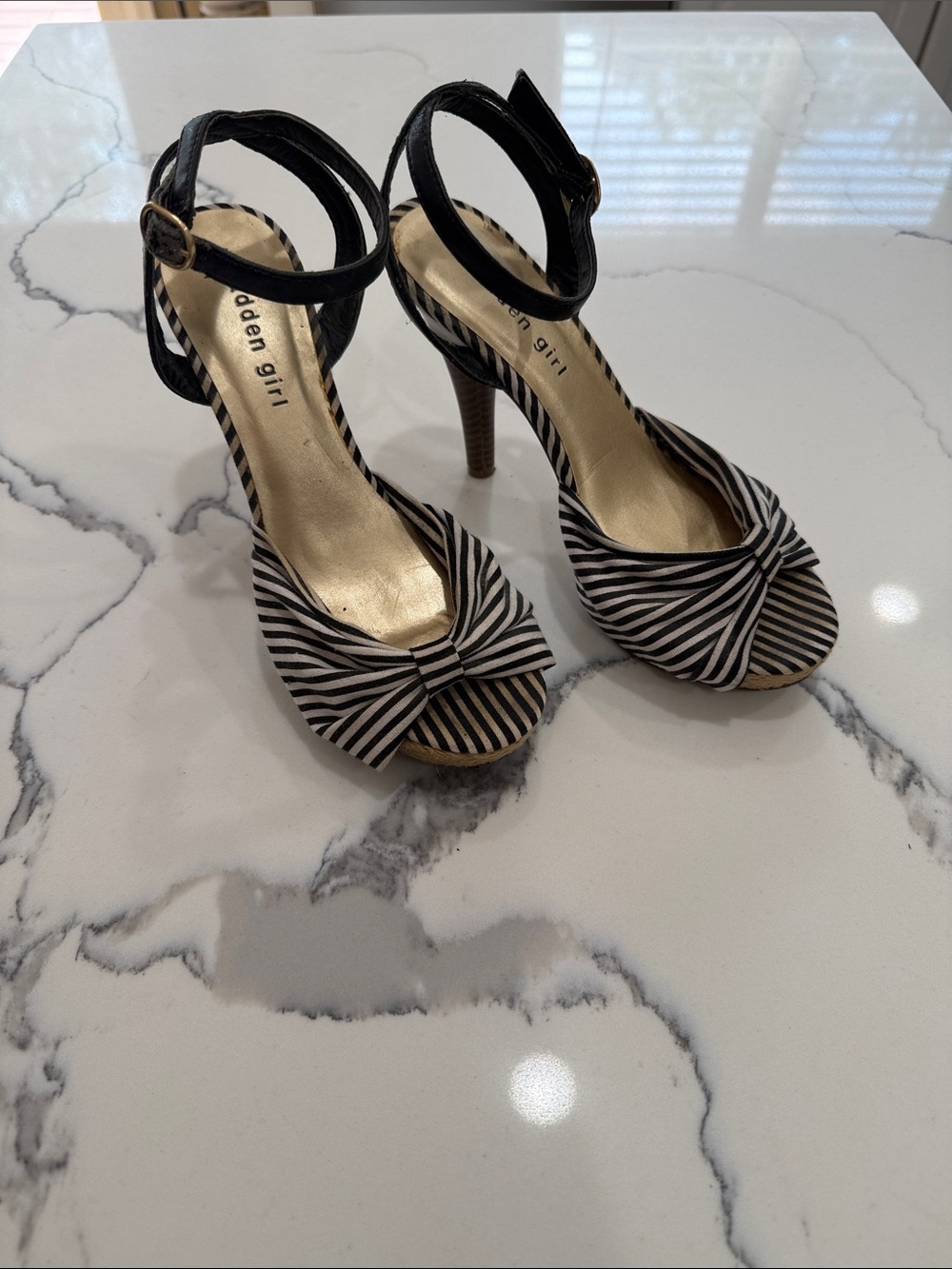Madden Girl Black and White Striped Knot-Peep Toe Ankle Strap Heels